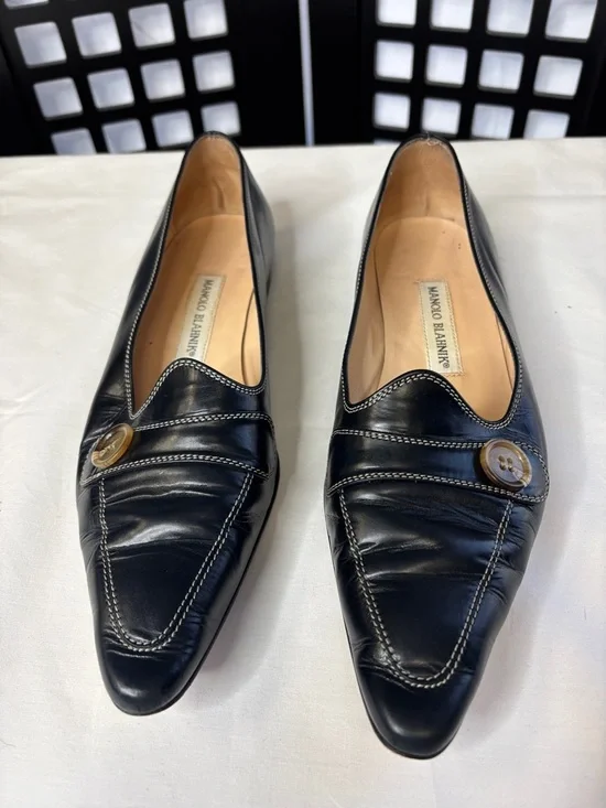 💙Manolo Blahnik Navy Leather Loafers   EU 39.5 Pointed Slip On Designer💙 - Picture 2 of 10